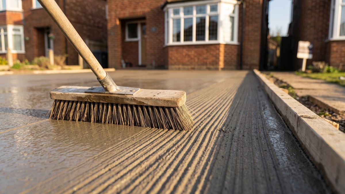Stiff broom giving a freshly laid concrete driveway its brushed finish, with a bay-fronted red-brick semi behind