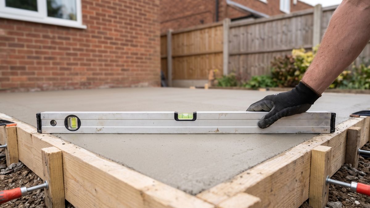 Gloved hand checking a newly finished concrete garage base with a spirit level inside timber formwork