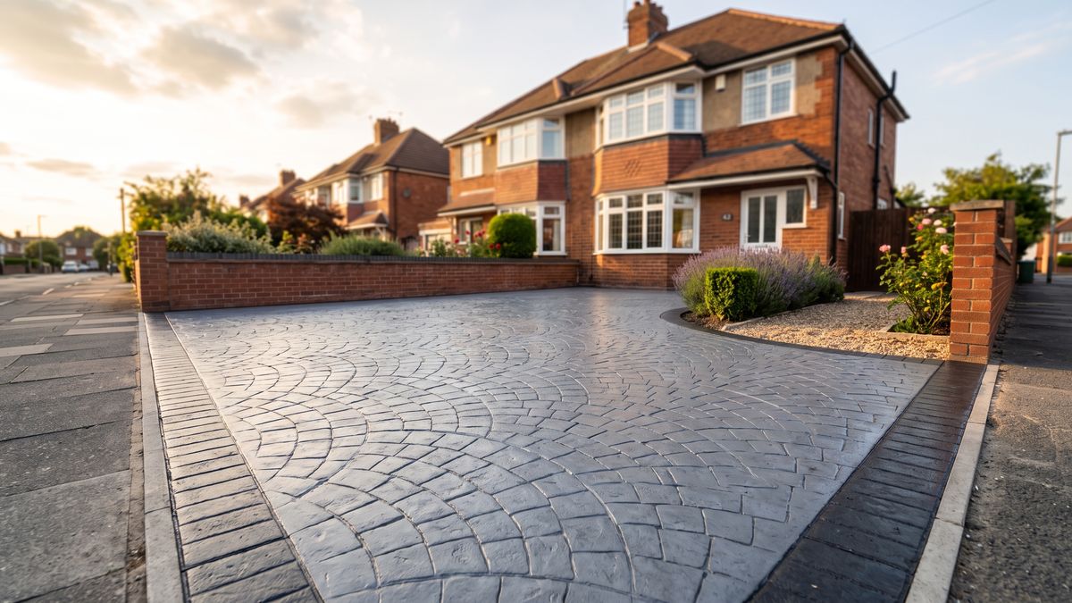 New European fan pattern imprinted concrete driveway in slate grey with a charcoal border, in front of a red-brick 1930s semi