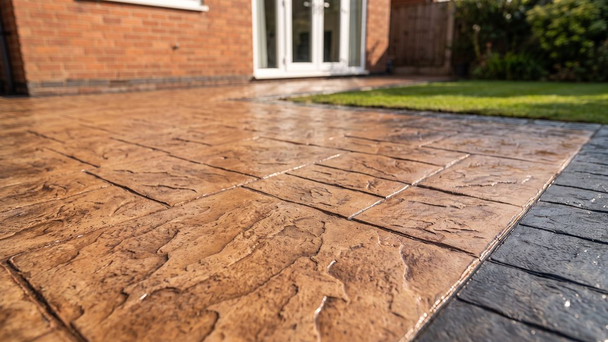 Freshly sealed imprinted concrete patio in a brindle ashlar pattern with a charcoal border, beside a lawn and patio doors