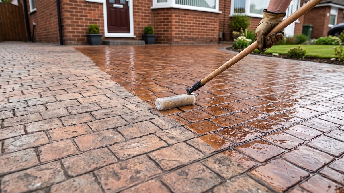 Faded imprinted concrete driveway being resealed with a roller, the sealed half restored to a glossy terracotta finish