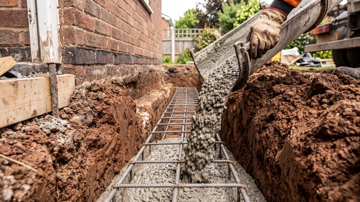 Ready-mix concrete pouring from a chute into a trench-fill footing dug in red Birmingham clay beside a house