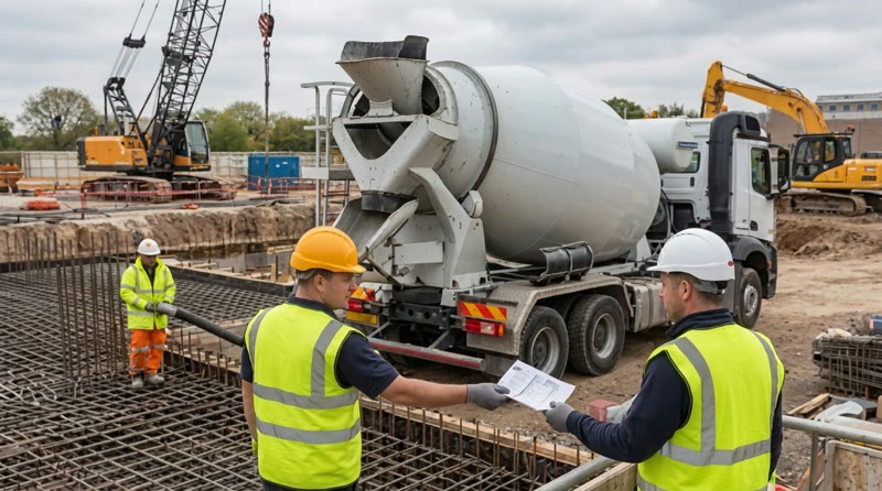 Site staff checking a concrete batch ticket beside a mixer truck on a commercial site