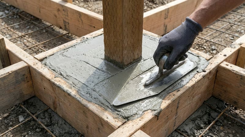 Gloved hand trowelling a small concrete pad around a timber post set in formwork