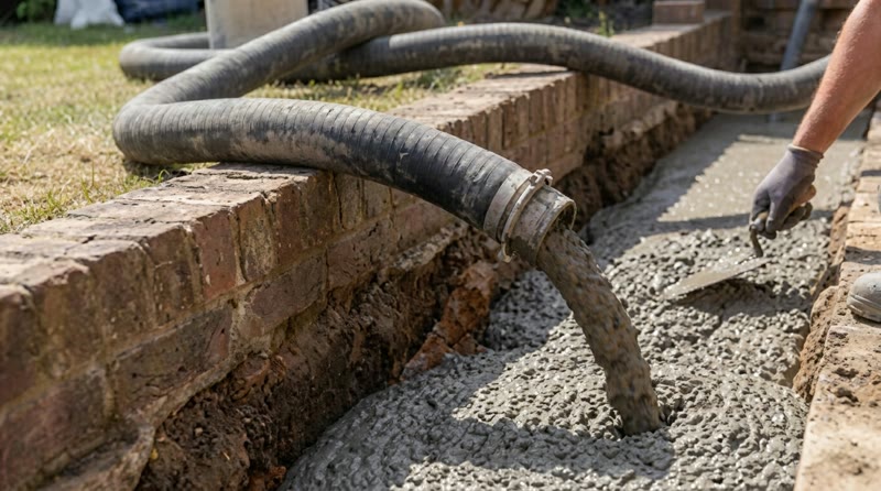 Concrete pump hose discharging into a footing trench beside a garden wall