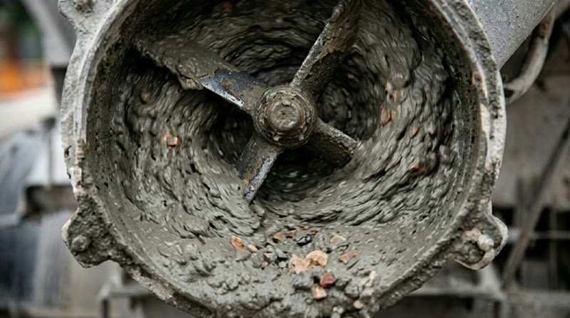 Freshly mixed concrete turning inside a mixer drum
